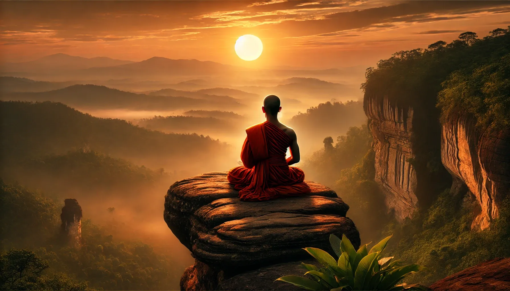 DALL·E 2025-02-16 20.20.24 - A highly realistic image of a serene monk meditating on the edge of a rocky cliff at sunrise. The monk, dressed in traditional orange robes, sits in a.webp