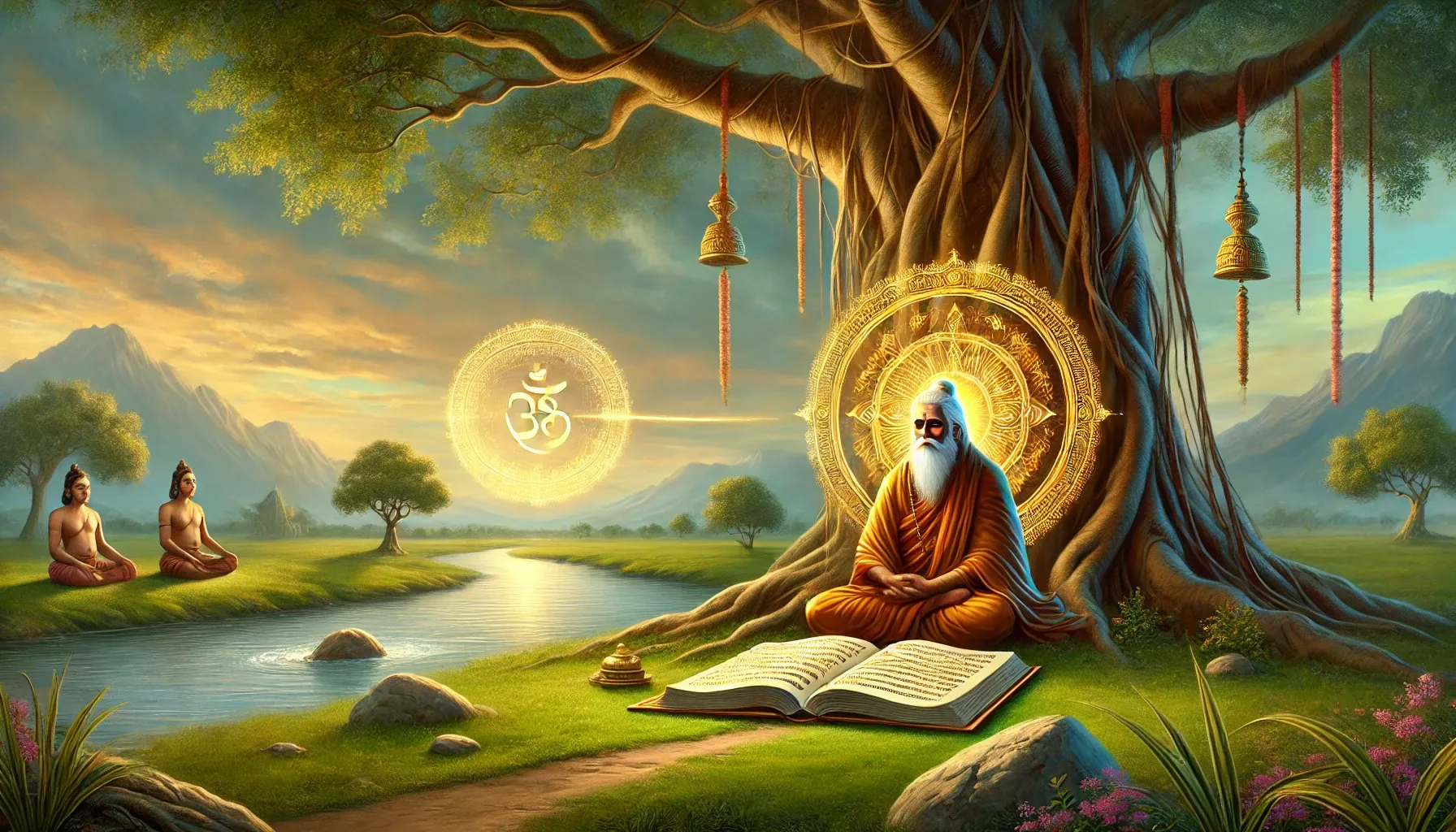 DALL·E 2025-02-18 21.14.14 - An artistic depiction of the Upanishadic wisdom in a serene landscape. The image features an ancient Indian sage sitting in deep meditation under a la.webp